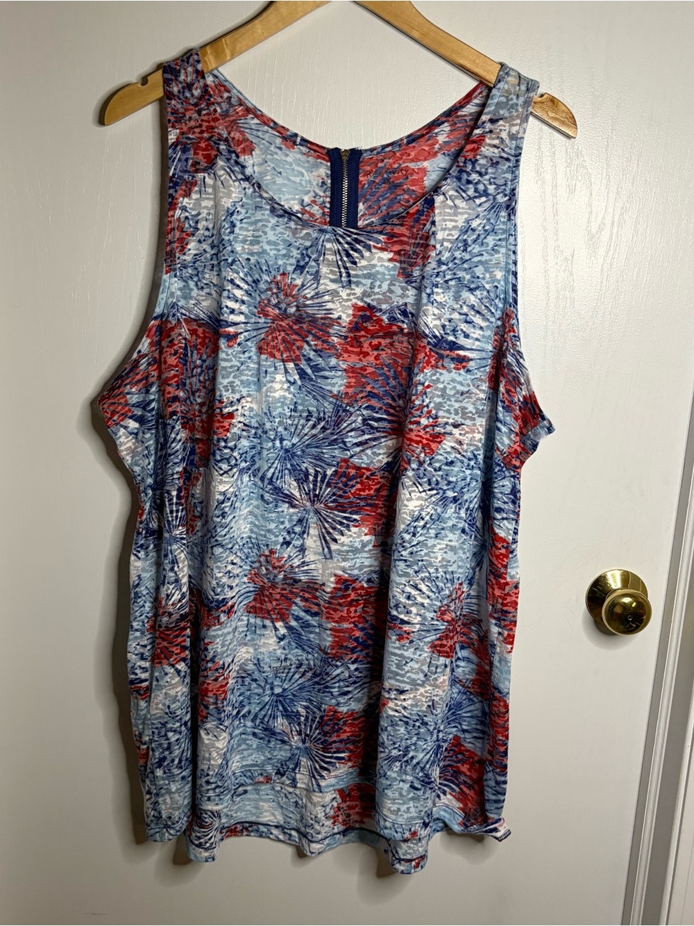 Abstract Burst Knit Tank Tunic Sz 3X Red White & Blue Zip Back Neck Semi-Sheer